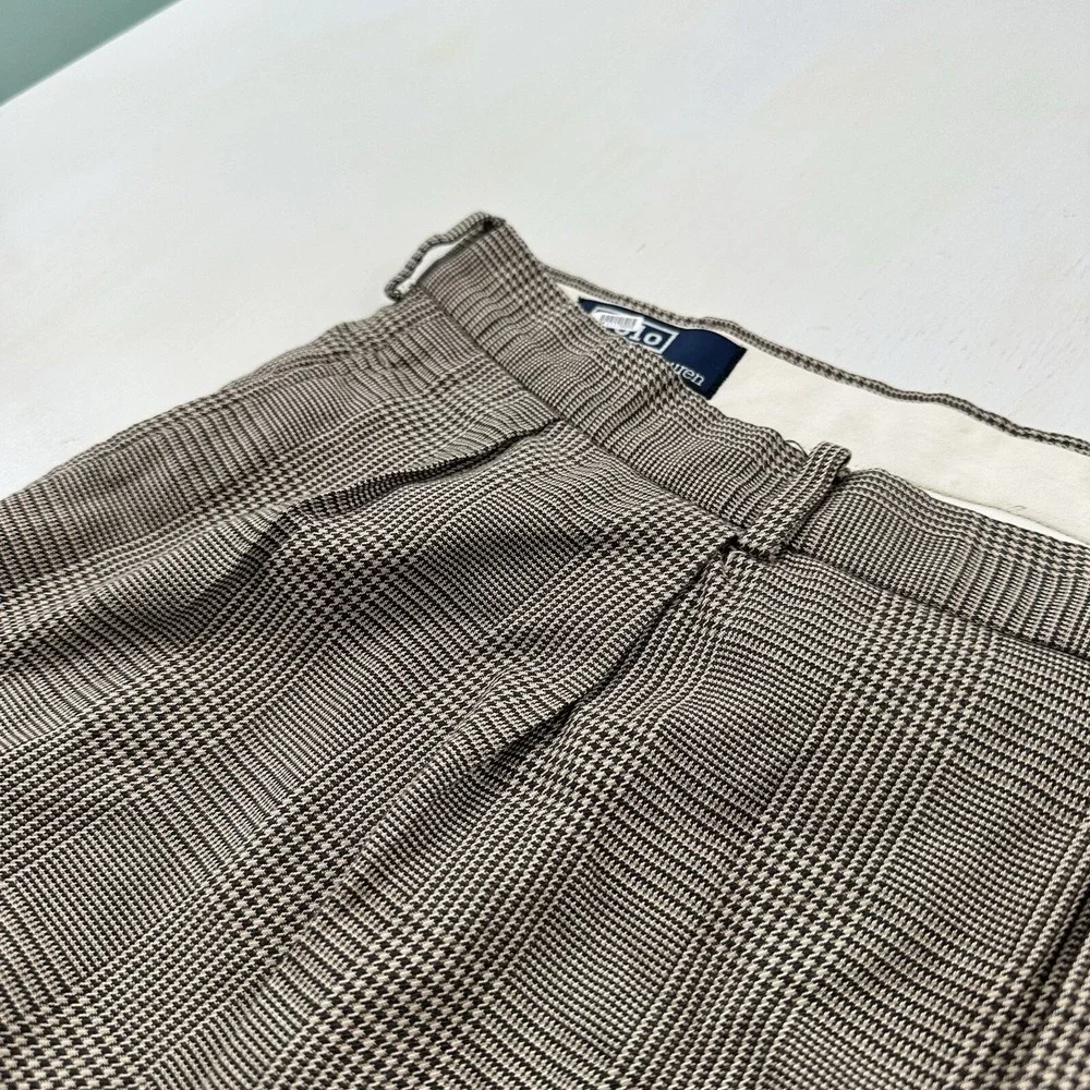 VTG Polo Ralph Lauren Men's Pants 39x26 Cuffed Pleated Beige Gray‎ Glen Plaid